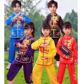 Boys girls Chinese dragon Kung fu uniforms traditional wushu martial arts competition costume exercise Kindergarten students performance training clothes for Children